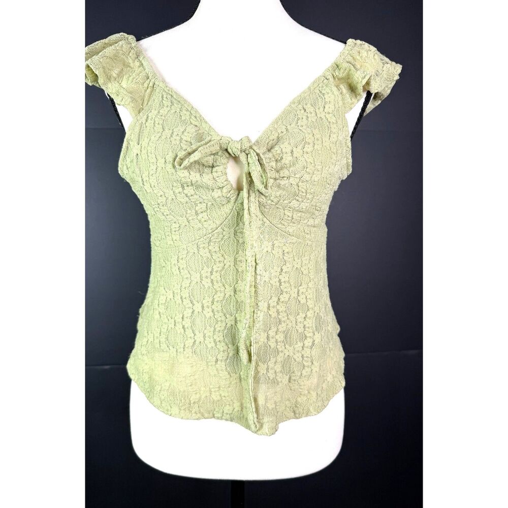 Y2K Sage Green Lace Tie Front Ruffle Top Fairycore  Coquete Medium EUC